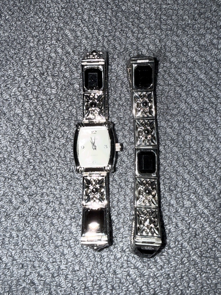 SilverTone Bracelet And Watch With Black Inlays